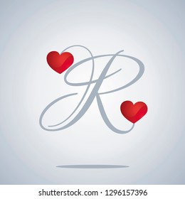 Lovers two hearts R Caps Valentines letter red grey background banner logo icon