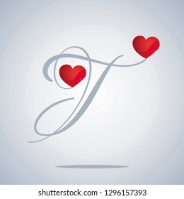 Lovers two hearts T Caps Valentines letter red grey background banner logo icon