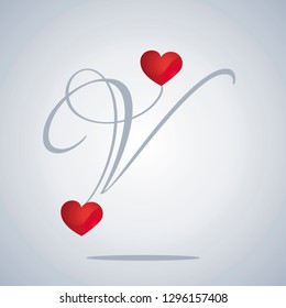 Lovers two hearts V Caps Valentines letter red grey background banner logo icon