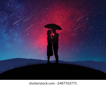 Lovers with umbrella. Couple silhouette. Falling stars in romantic sky