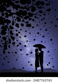 Lovers with umbrella. Falling flowers, blooming sakura tree. Milky Way
