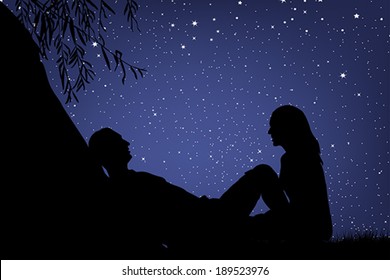 Lovers under night sky