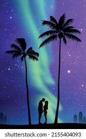 Lovers under palm trees. Couple on beach. Polar Lights in night sky