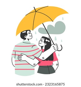 Lovers under the rain. Cute couple walking outdoor under umbrella. Happy man and woman hide from rainy and cloudy weather under umbrella. Flat vector illustration