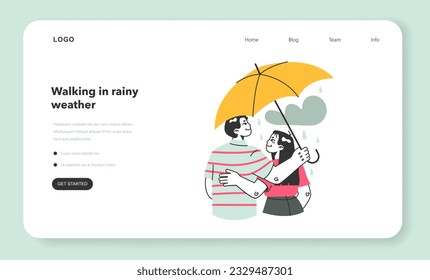 Lovers under the rain web banner or landing page. Cute couple walking outdoor under umbrella. Happy man and woman hide from rainy and cloudy weather under umbrella. Flat vector illustration