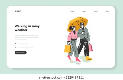 Lovers under the rain web banner or landing page. Cute couple walking outdoor under umbrella. Happy man and woman hide from rainy and cloudy weather under umbrella. Flat vector illustration