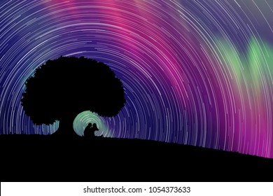 Lovers under tree at night. Vector illustration with silhouette of loving couple. Rotation of stars. Northern lights in starry sky
