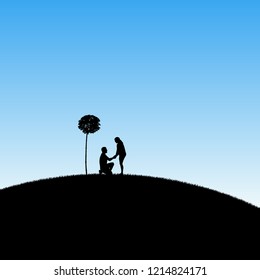 Lovers under tree in park. Romantic marriage proposal. Vector illustration with silhouette of loving couple. Blue pastel background