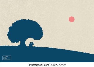 Lovers under tree. Romantic loving couple isolated silhouette. Red sun on yellow texture background. Abstract vector illustration in sumie style for use in polygraphy, textile, design, interior decor