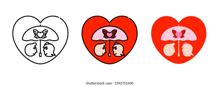 Lovers under the umbrella in the heart shape icon set isolated on white background for web design,Valentine day concept