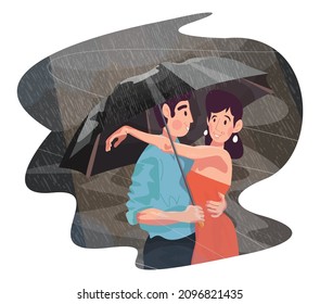 Lovers under an umbrella in the rain. Colorful detailed illustration with a young couple. Love story of one pair.