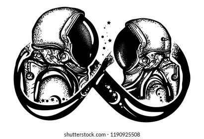 Lovers in universe tattoo art. Romantic symbol of eternal love, infinity sign, immortality.  Love in space tattoo and t-shirt design. Two astronauts 