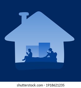 lovers using smartphone on bed in house icon illustration vector. Blue gradient shade background.