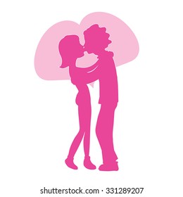 Lovers vector silhouette - romantic couple in love kiss vector illustration. Young man and woman silhouettes kissing with Pink heart behind. Love cartoon illustration. Date concept. On white. Eps 10.