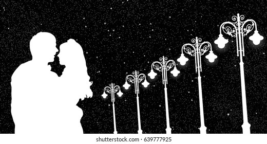 Lovers and vintage lampposts at night. Vector illustration with silhouette of loving couple under starry sky. Black and White