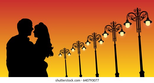 Lovers and vintage lampposts at sunset. Vector illustration with silhouette of loving couple. Bright gradient background