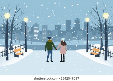 Lovers walk in a city winter park with snow-covered trees, benches, paths and lanterns against the backdrop of the city. City park landscape of winter nature. Winter Christmas vector illustration.