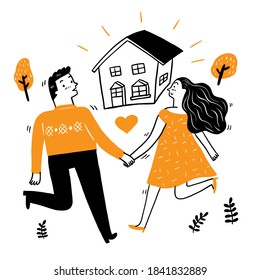 Lovers walk hand in hand and walk forward to their house, Vector Illustration doodle style