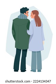 The lovers walk hand in hand. Man and woman in winter clothes from the back. Romance. Vector image.