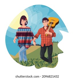 Lovers walk in nature. Colorful detailed illustration with a young couple. Love story of one pair.