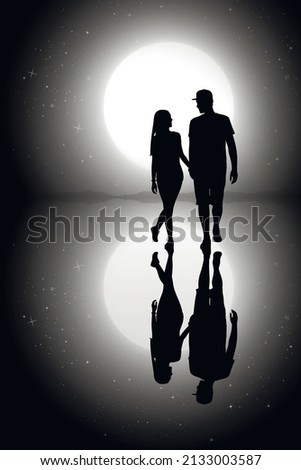 Lovers walk at night. Loving couple silhouette. Full moon and stars