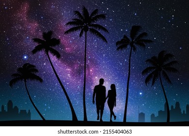 Lovers walk on city beach. Couple under palm trees. Milky Way at night