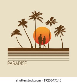 Lovers walk on palm beach. Couple and tropical trees. Summer vacation