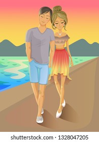 Lovers walk on the parmenada, boyfriend and girlfrienf