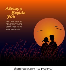 Lovers watching sunset behind the heart flower grass.
