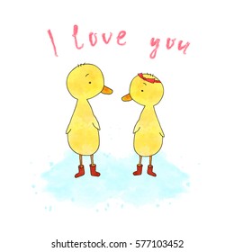 Lovers watercolor ducklings are in red boots in a puddle