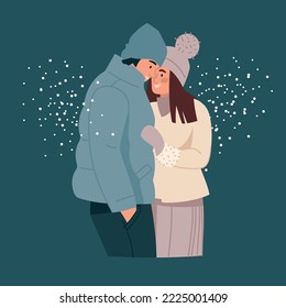 Lovers in winter clothes. A man and a woman huddle under the snow. Romance. Vector image.