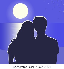 Lovers the young man and girl on sea under beautiful moon. Stars Shine in the night sky.