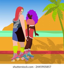 Love's Canvas: Queer Life in Everyday Moments - Girlfriends Enjoying Roller Skating by the Beach