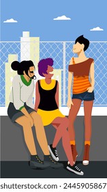 Love's Canvas: Queer Life in Everyday Moments - Queer Friends Chatting with City Skyline in Background