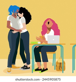 Love's Canvas: Queer Life in Everyday Moments -  Lesbian Couple Embracing Affectionately at School