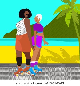 Love's Canvas: Queer Life in Everyday Moments - Girlfriends Enjoying Roller Skating by the Beach