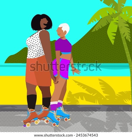 Love's Canvas: Queer Life in Everyday Moments - Girlfriends Enjoying Roller Skating by the Beach