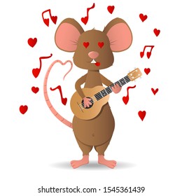 Loves a cute little mouse, brown playing a little guitar. Romantic vector illustration, isolate on a white background, for postcards and other prints on different things.
