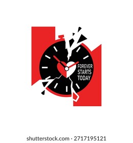 El tiempo eterno del amor: Una representación artística de un reloj, medio en forma de corazón, destrozado por un mensaje de amor. simbolizando el amor eterno y el comienzo de un viaje para siempre.