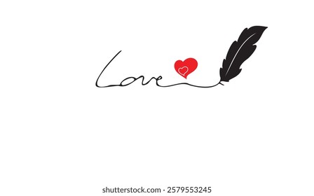 Love's Quill, A minimalist line drawing of the word 'Love' flowing into a heart, and then into a feather, symbolizing the writing of love stories and affection,