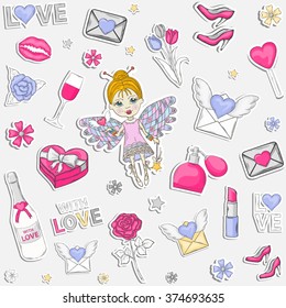 With love,seamless pattern or set,clip art.With a box of chocolates with a  pink,perfume,text,lipstick,hearts, flowers, women high heel shoes,champagne,wine,glasses,elf,wings,love,lips imprint