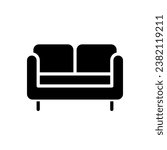 Loveseat black glyph icon. Small sofa for living room. Two-seat chair. Modern contemporary home furniture store. Silhouette symbol on white space. Solid pictogram. Vector isolated illustration