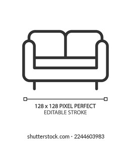 Loveseat pixel perfect linear icon. Small sofa for living room. Two-seat chair. Contemporary home furniture store. Thin line illustration. Contour symbol. Vector outline drawing. Editable stroke