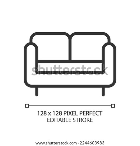 Loveseat pixel perfect linear icon. Small sofa for living room. Two-seat chair. Contemporary home furniture store. Thin line illustration. Contour symbol. Vector outline drawing. Editable stroke