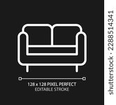 Loveseat pixel perfect white linear icon for dark theme. Small sofa for living room. Two-seat chair. Home furniture store. Thin line illustration. Isolated symbol for night mode. Editable stroke
