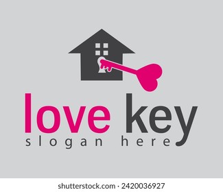 a love-shaped key is opening the house logo design template