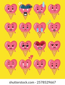 love-shaped strawberry ice cream with various emoticon for a sticker or design element