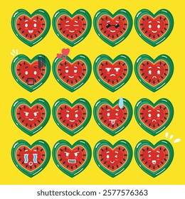 love-shaped watermelon with emoticon set for a sticker or design element