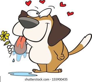 Lovesick cartoon dog slobbering while holding flowers