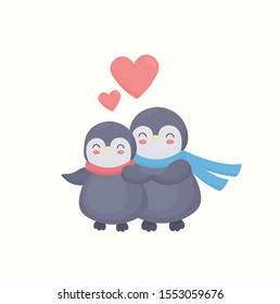 Lovesick cuddling couple of penguins for card, valentine